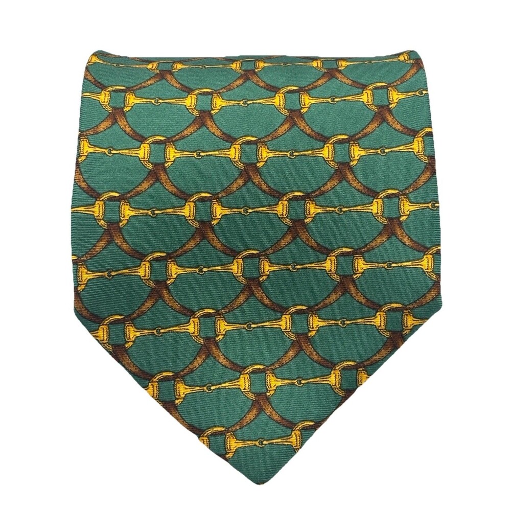 Fumagalli's Pure Silk Tie Green Gold Equestrian Horsebit Chain Links Spain